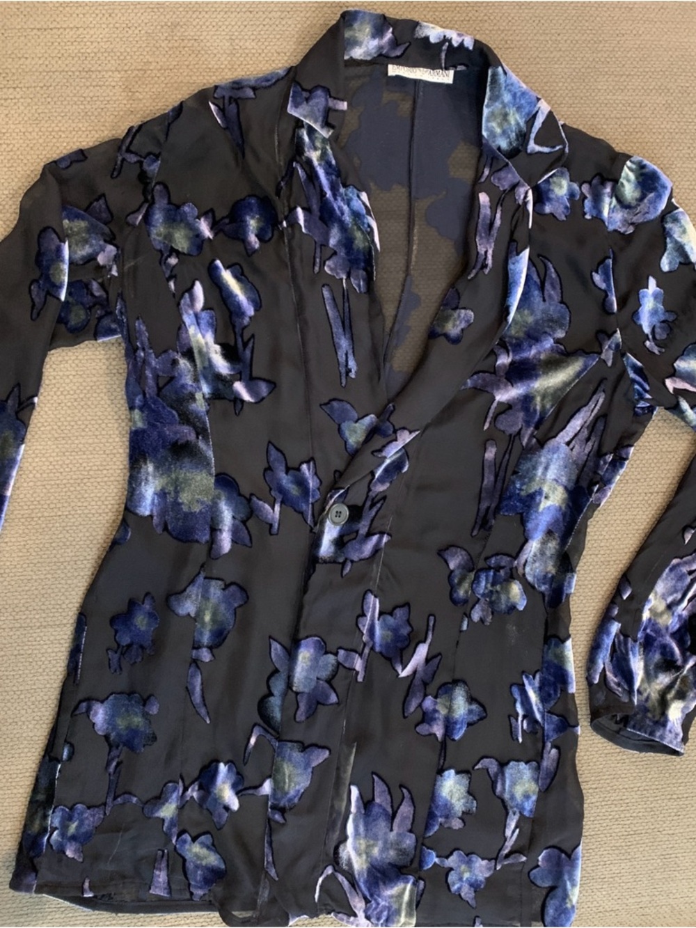 Emporio Armani Black Sheer SilkBlazer with Blue and Purple Floral Velvet Pattern